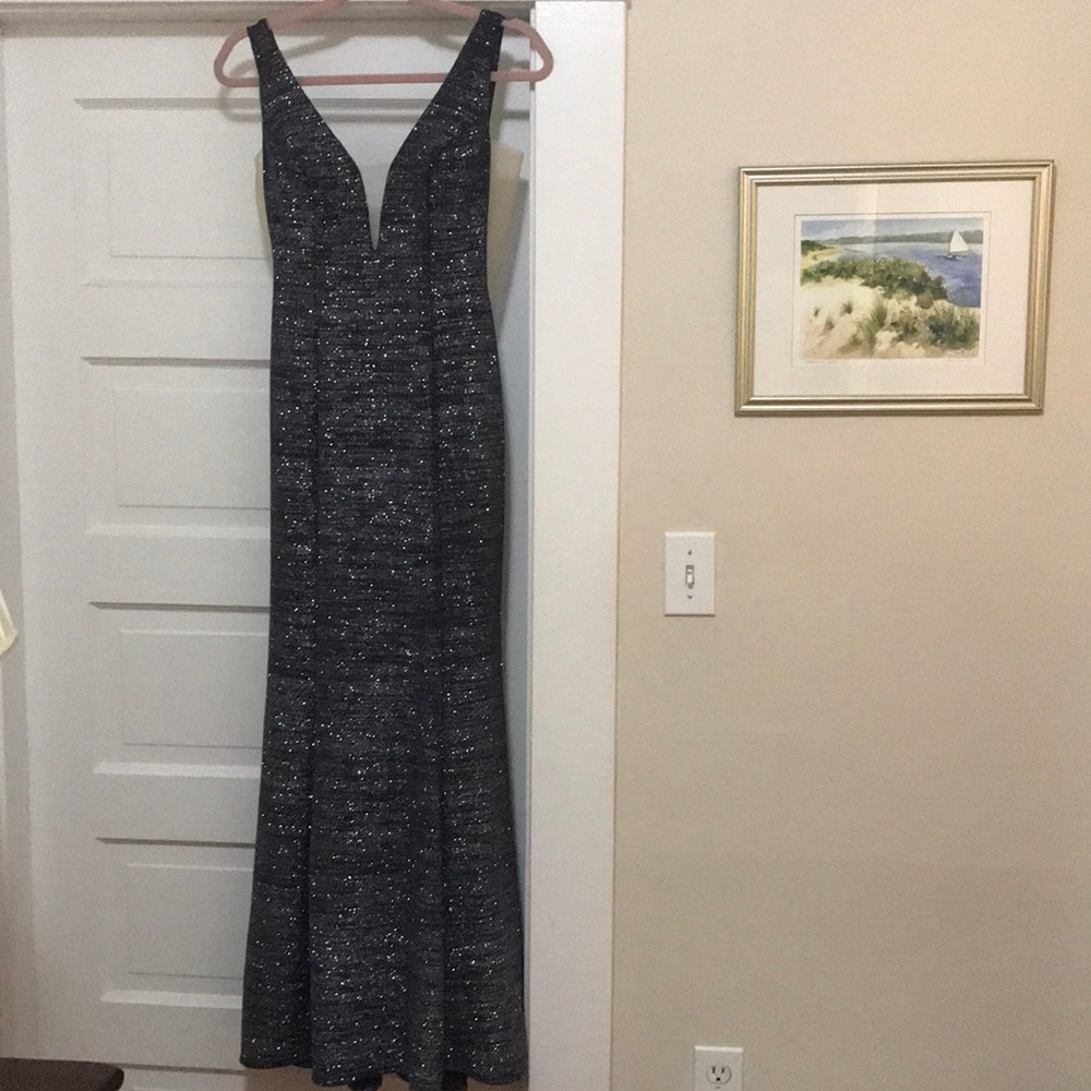 Sherri Hill long gray sparkly prom dress